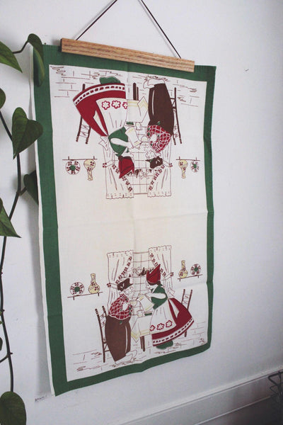 Vintage Linen Tea Towel Folk Art Dutch Couple Coffee Mid Century Novelty Farmhouse