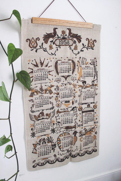 Vintage 1958 Linen Calendar Towel Pennsylvania Folk Art Pure Linen Stevens