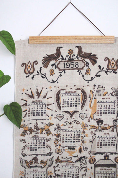 Vintage 1958 Linen Calendar Towel Pennsylvania Folk Art Pure Linen Stevens
