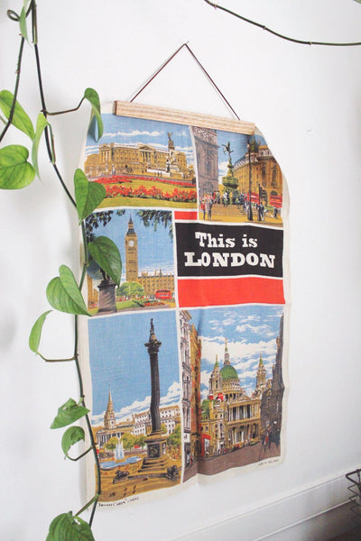 Vintage London Souvenir Tea Towel Wall Hanging Irish Linen Retro Mid-Century Landmarks