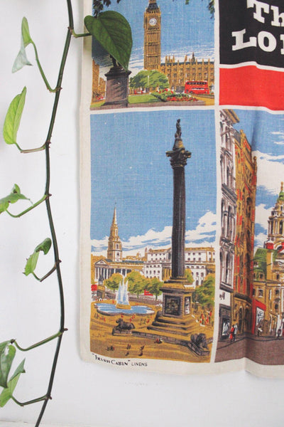 Vintage London Souvenir Tea Towel Wall Hanging Irish Linen Retro Mid-Century Landmarks