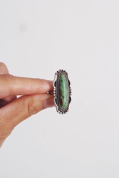 Vintage Navajo Sterling Silver Elongated Green Turquoise Ring Southwest 4.75 Marked