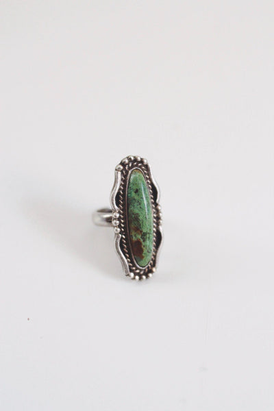 Vintage Navajo Sterling Silver Elongated Green Turquoise Ring Southwest 4.75 Marked