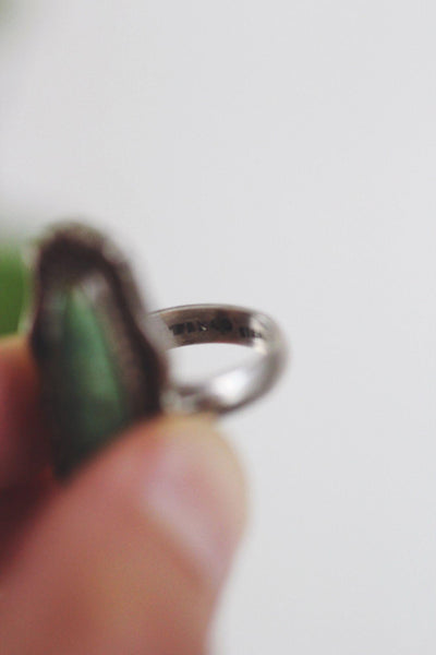 Vintage Navajo Sterling Silver Elongated Green Turquoise Ring Southwest 4.75 Marked