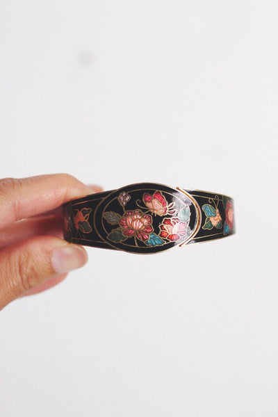 Vintage Cloisonné Enamel Floral Hinged Bracelet Gold-Tone Metal 70s 80s