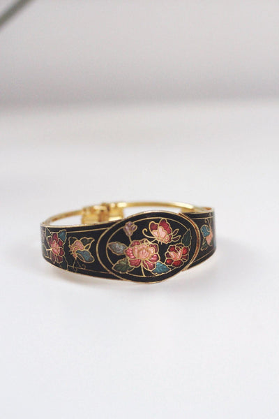 Vintage Cloisonné Enamel Floral Hinged Bracelet Gold-Tone Metal 70s 80s