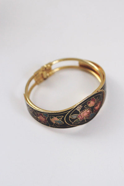 Vintage Cloisonné Enamel Floral Hinged Bracelet Gold-Tone Metal 70s 80s