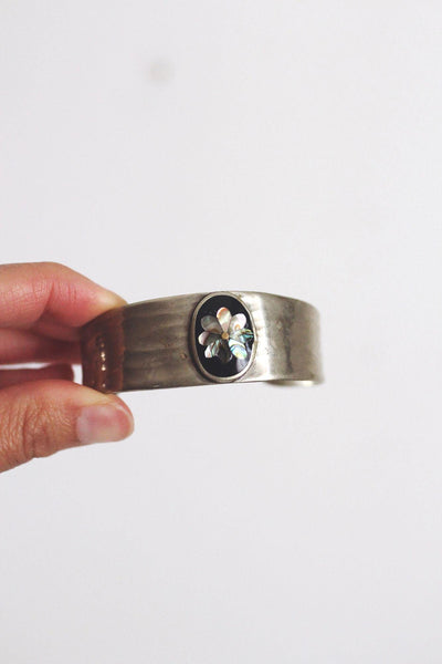 Vintage Mexican Alpaca Silver Cuff Bracelet Abalone Inlay Floral Mother of Pearl MOP