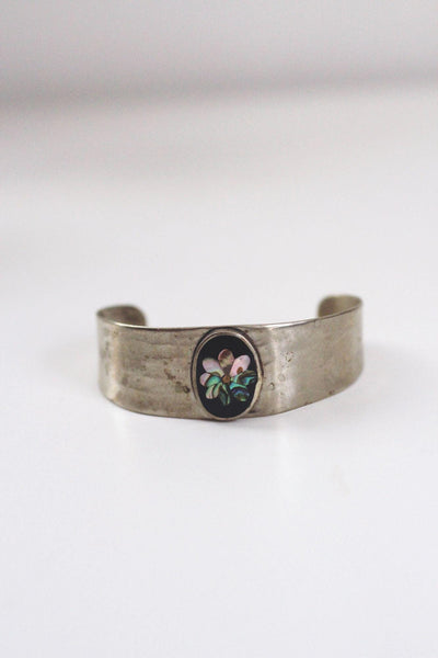 Vintage Mexican Alpaca Silver Cuff Bracelet Abalone Inlay Floral Mother of Pearl MOP