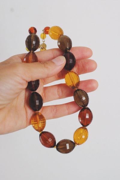 Vintage Faceted Amber Lucite Resin Beaded Necklace Retro Bold Chunky Brown Gold
