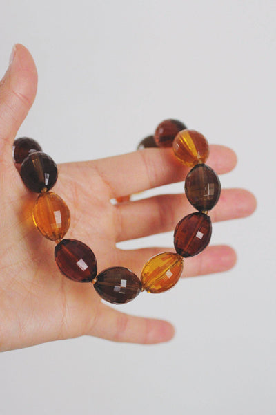 Vintage Faceted Amber Lucite Resin Beaded Necklace Retro Bold Chunky Brown Gold