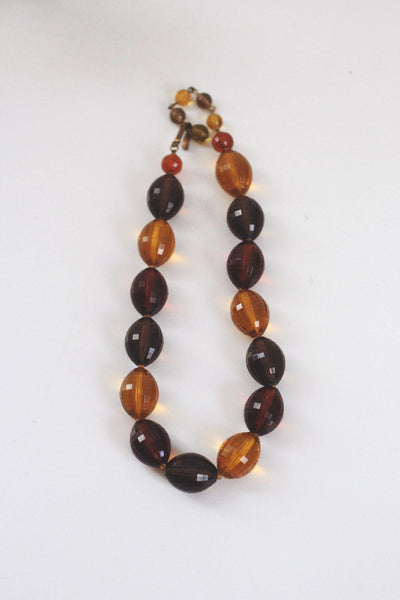 Vintage Faceted Amber Lucite Resin Beaded Necklace Retro Bold Chunky Brown Gold