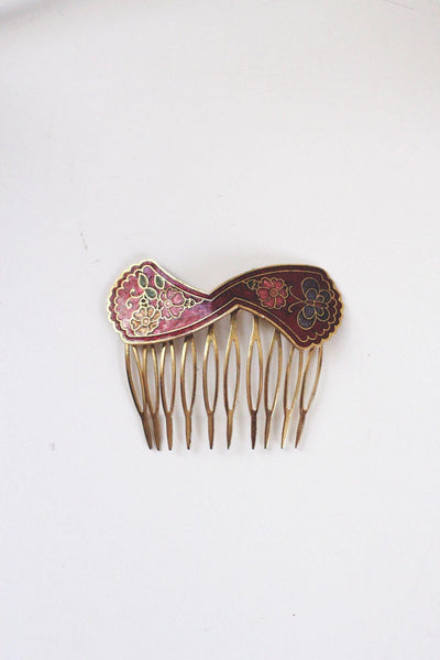 Vintage Cloisonné Enamel Hair Comb Pin Clip Floral Butterfly Brass Gold 70s 80s