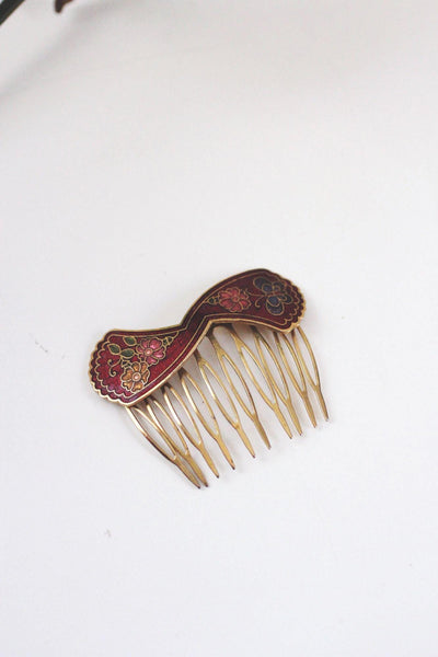 Vintage Cloisonné Enamel Hair Comb Pin Clip Floral Butterfly Brass Gold 70s 80s