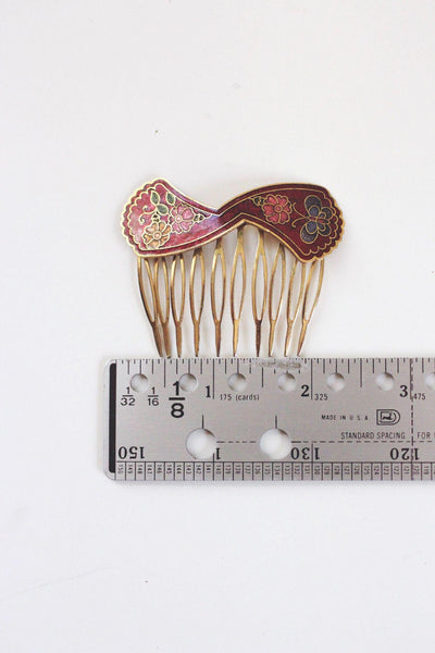 Vintage Cloisonné Enamel Hair Comb Pin Clip Floral Butterfly Brass Gold 70s 80s
