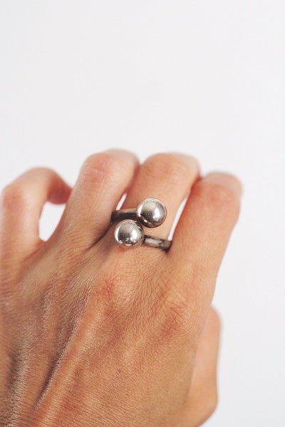 Vintage Sterling Silver Double Ball Bypass Ring Modernist Israel 925 Size 8.5 Minimalist
