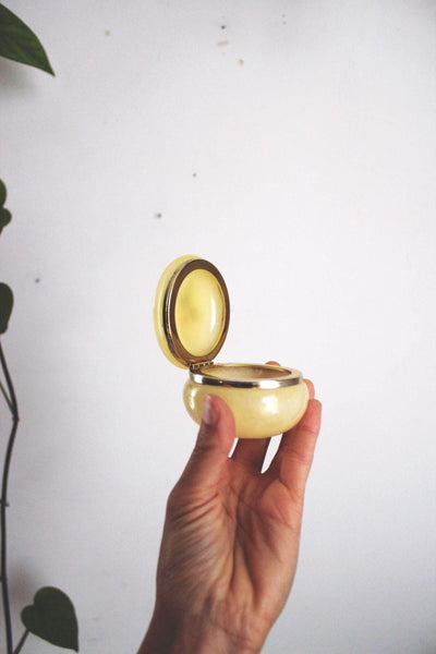 Vintage Italian Alabaster Trinket Box Jewelry Hand Carved Floral Round Yellow Hinged