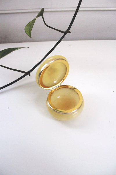 Vintage Italian Alabaster Trinket Box Jewelry Hand Carved Floral Round Yellow Hinged