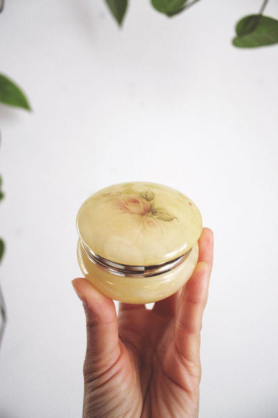 Vintage Italian Alabaster Trinket Box Jewelry Hand Carved Floral Round Yellow Hinged