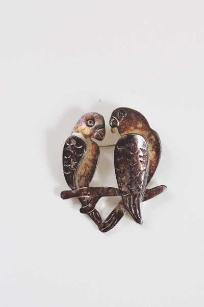 Vintage Silver Parrot Lovebirds Brooch Pin Antiqued Oxidized Jewelry Birds