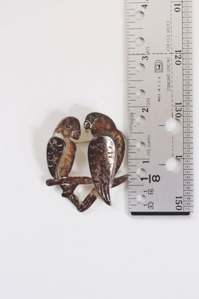 Vintage Silver Parrot Lovebirds Brooch Pin Antiqued Oxidized Jewelry Birds