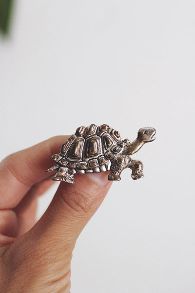 Vintage Turtle Tortoise Silver Brooch Repousse Antiqued Oxidized Figural Animal