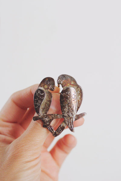 Vintage Silver Parrot Lovebirds Brooch Pin Antiqued Oxidized Jewelry Birds