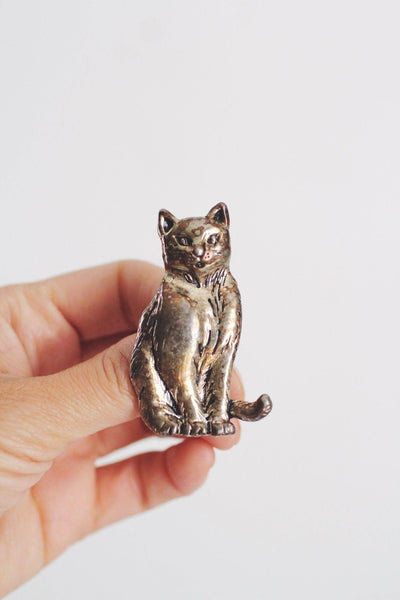Vintage Silver Cat Brooch Pin Antiqued Oxidized Animal Jewelry Aged Rustic