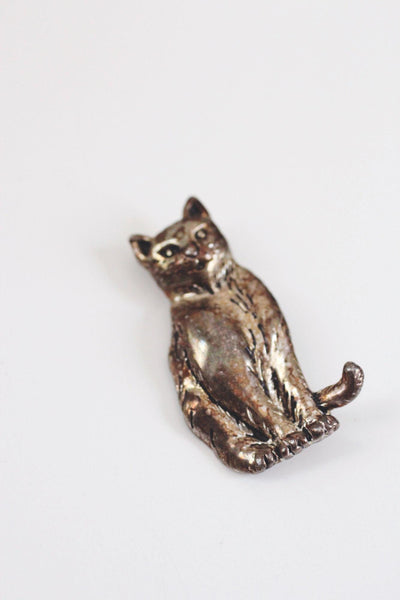 Vintage Silver Cat Brooch Pin Antiqued Oxidized Animal Jewelry Aged Rustic