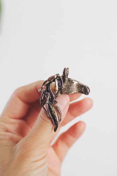 Vintage Silver Horse Head Brooch Pin Pendant Equestrian Jewelry Brutalist Sculptural