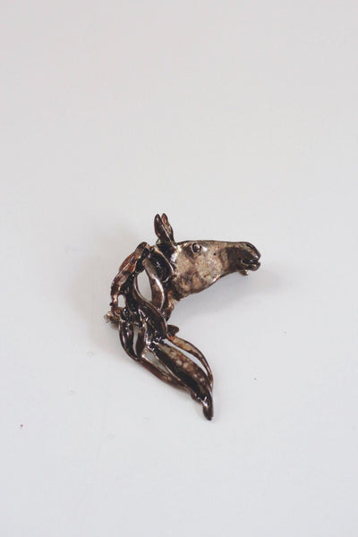 Vintage Silver Horse Head Brooch Pin Pendant Equestrian Jewelry Brutalist Sculptural