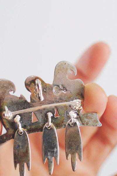 Vintage Silver Three Parrots Brooch Pin Bird Jewelry Articulated Tails Macaws