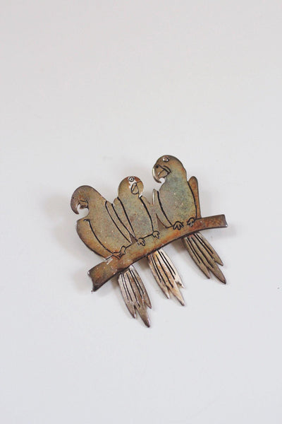 Vintage Silver Three Parrots Brooch Pin Bird Jewelry Articulated Tails Macaws