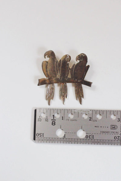 Vintage Silver Three Parrots Brooch Pin Bird Jewelry Articulated Tails Macaws