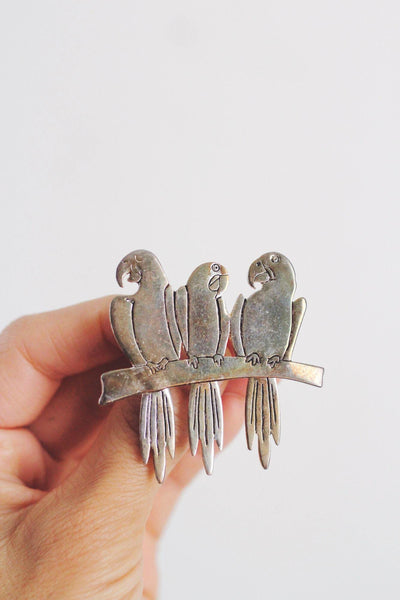 Vintage Silver Three Parrots Brooch Pin Bird Jewelry Articulated Tails Macaws