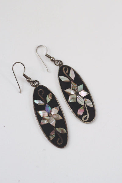 Vintage Mother of Pearl Abalone Shell Enamel Inlay Dangle Earrings Alpaca Silver Mexico Floral