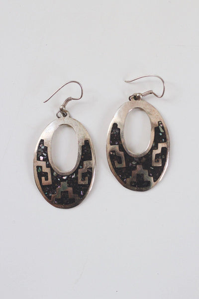 Vintage Abalone Enamel Inlay Oval Earrings Geometric Alpaca Mexico