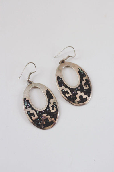 Vintage Abalone Enamel Inlay Oval Earrings Geometric Alpaca Mexico