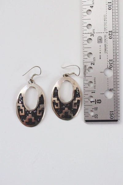 Vintage Abalone Enamel Inlay Oval Earrings Geometric Alpaca Mexico