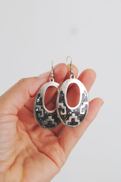 Vintage Abalone Enamel Inlay Oval Earrings Geometric Alpaca Mexico