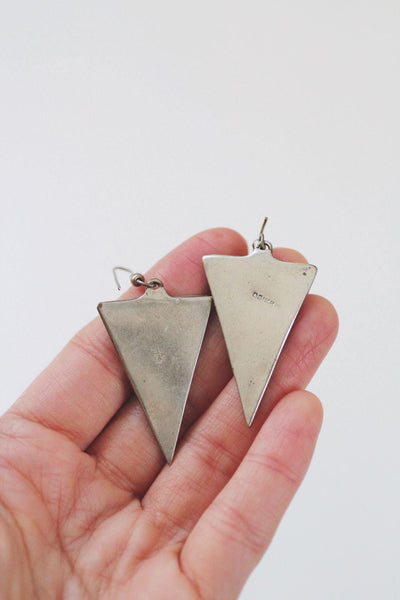 Vintage Black Enamel Mother Of Pearl Inlay Triangle Dangle Earrings Alpaca Mexico