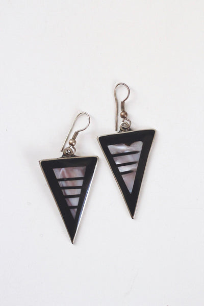 Vintage Black Enamel Mother Of Pearl Inlay Triangle Dangle Earrings Alpaca Mexico