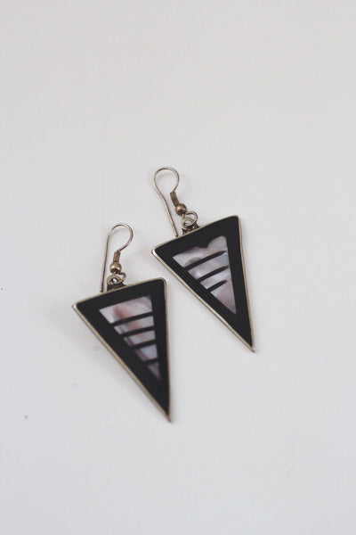 Vintage Black Enamel Mother Of Pearl Inlay Triangle Dangle Earrings Alpaca Mexico