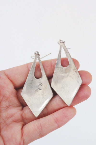 Vintage Abalone Shell Black Enamel Floral Inlay Dangle Earrings Alpaca Mexico