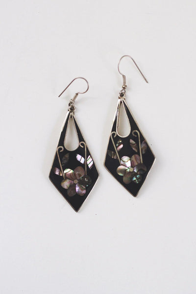 Vintage Abalone Shell Black Enamel Floral Inlay Dangle Earrings Alpaca Mexico