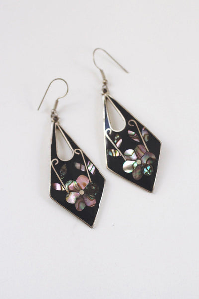 Vintage Abalone Shell Black Enamel Floral Inlay Dangle Earrings Alpaca Mexico
