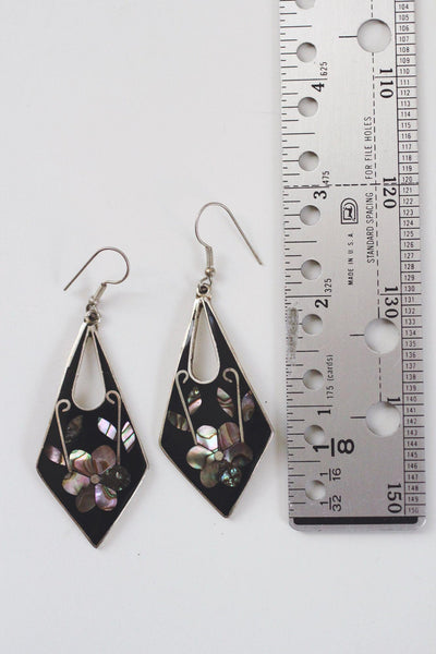 Vintage Abalone Shell Black Enamel Floral Inlay Dangle Earrings Alpaca Mexico