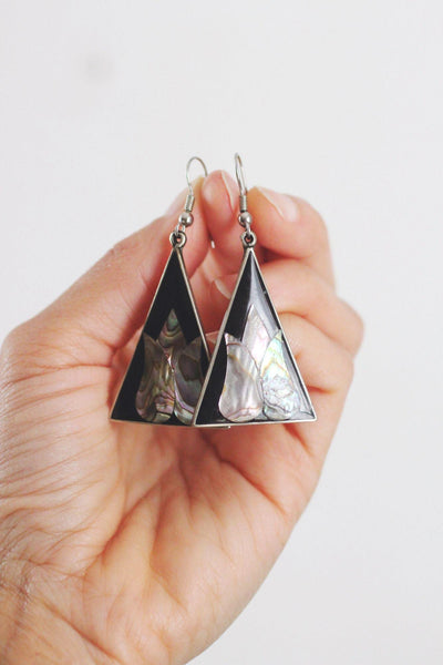 Vintage Black Enamel Abalone Shell Triangle Dangle Earrings Alpaca Silver Mexico Floral