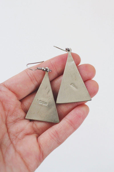 Vintage Black Enamel Abalone Shell Triangle Dangle Earrings Alpaca Silver Mexico Floral