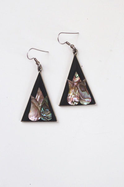 Vintage Black Enamel Abalone Shell Triangle Dangle Earrings Alpaca Silver Mexico Floral